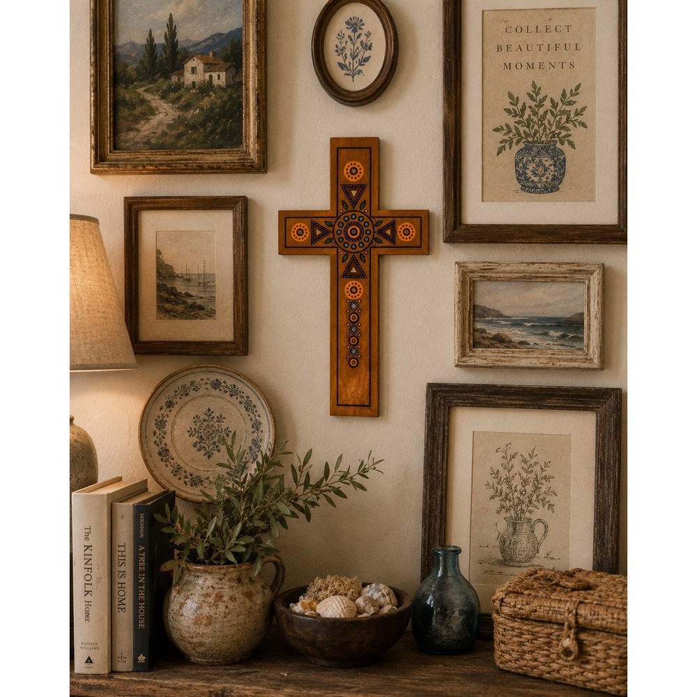 Hand Painted Wooden Wall Cross Geometric Folk Art Foil Beads Inlay Religious